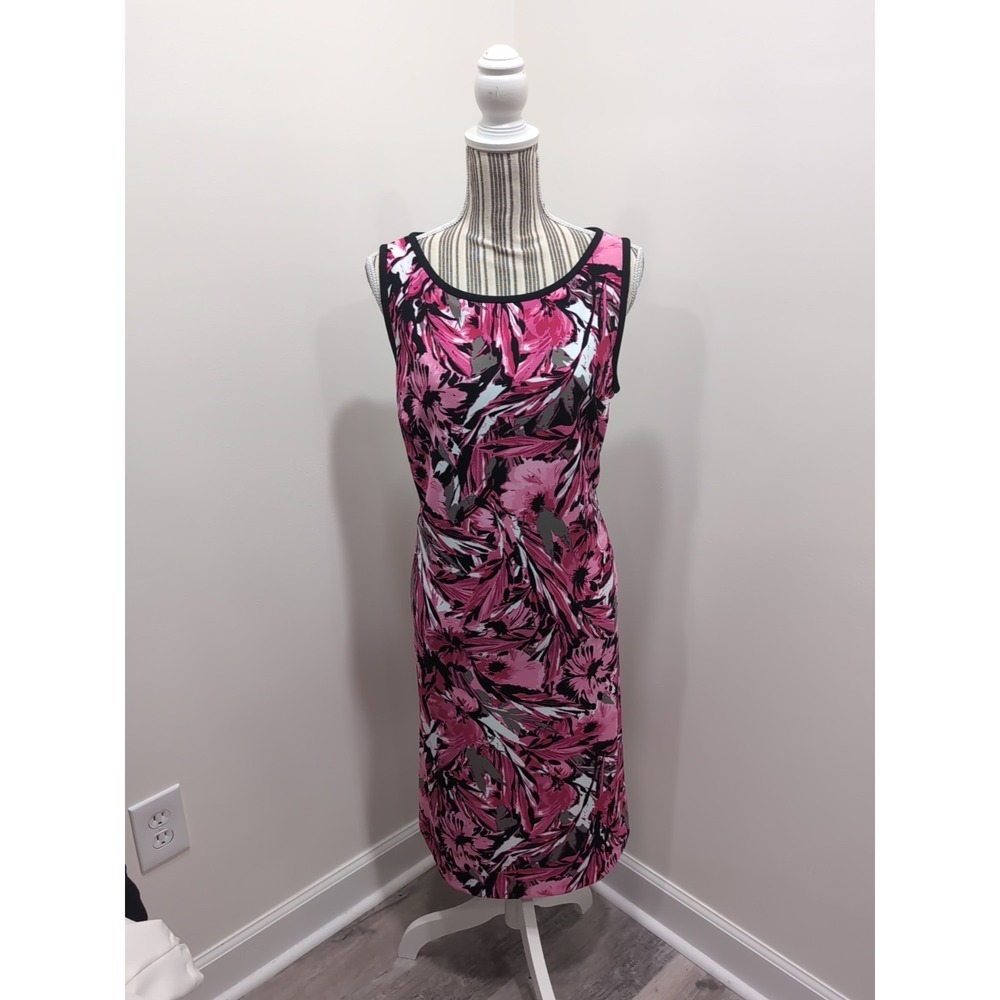 Kasper Sz 16 Midi Dress Pink Black Floral Sleeveless Lined NWOT Old Money Classy